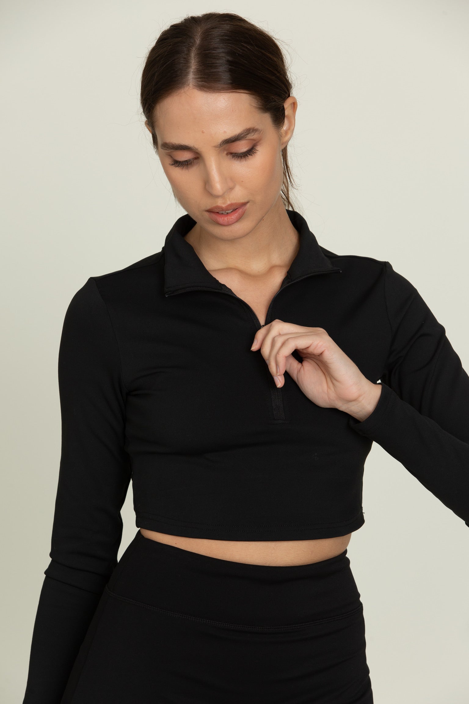 Black Athletic Half-Zip Crop Top