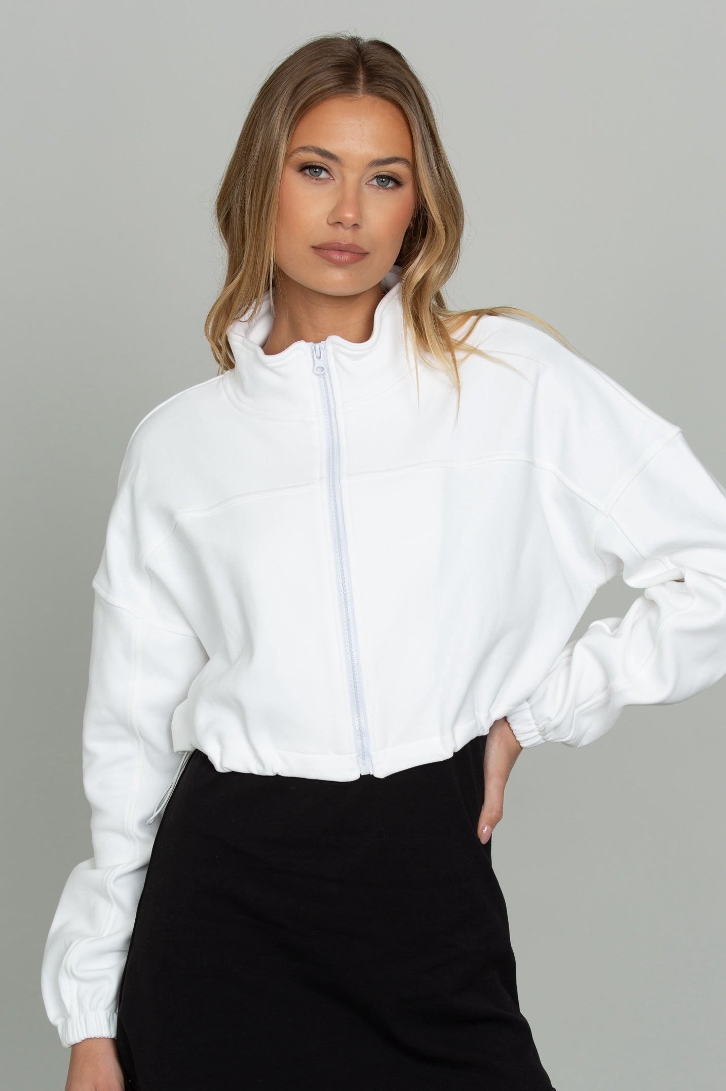 White Cinched Zip-Up Jacket