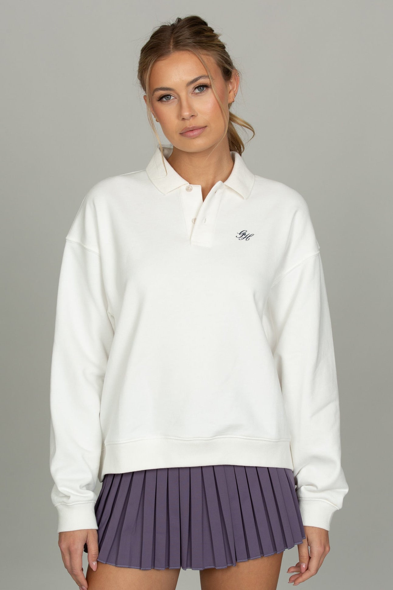 White Long Sleeve Polo – Gold Hinge