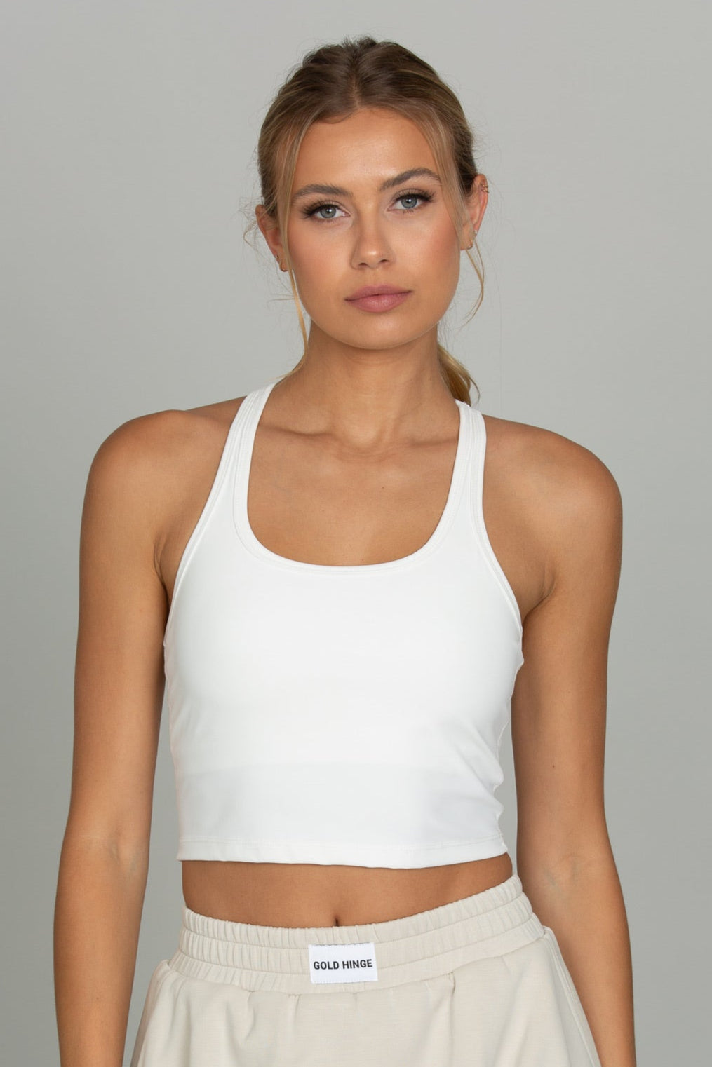 White Racerback Crop Tank – Gold Hinge