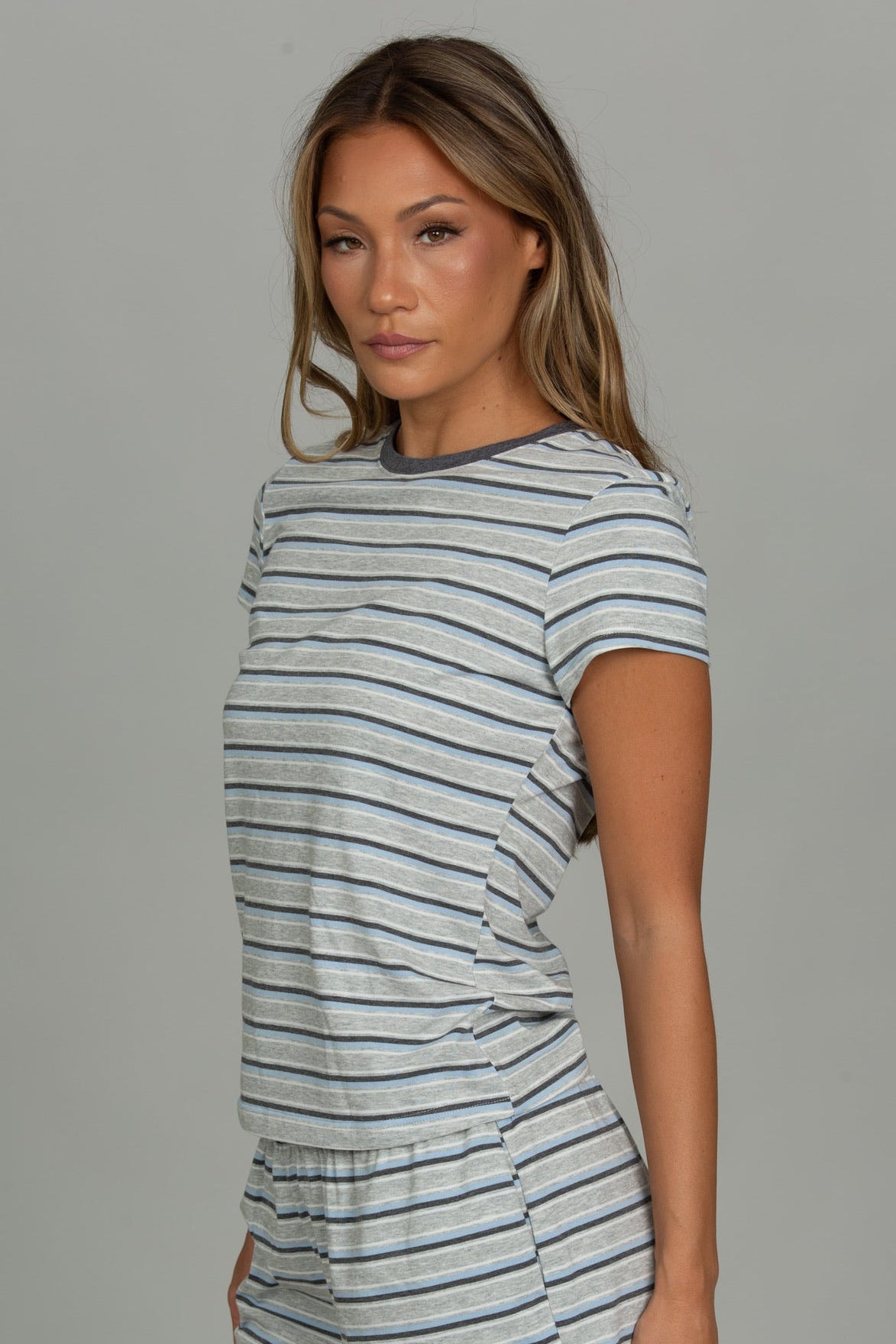 Medium Heather Grey Cotton Striped Tee
