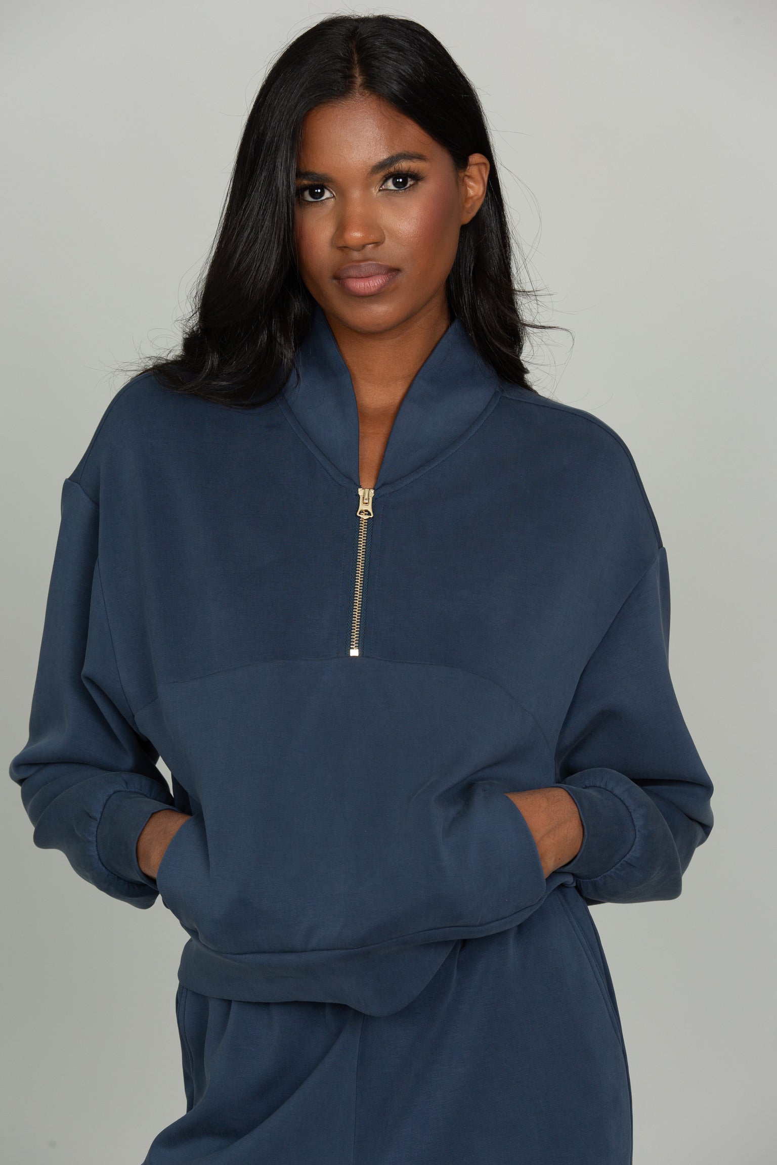 STONE  ネイビー トレーナー Stone Navy LuxeSoft Lounge Quarter Zip – Gold Hinge