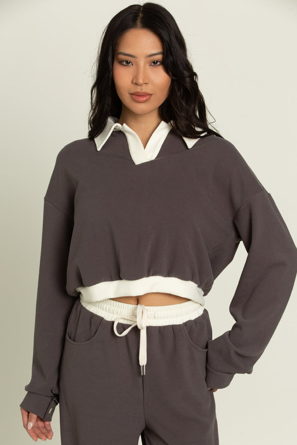 Charcoal Embellished Spread Collar Casual Buttoned Top