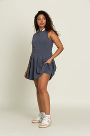 Navy Pleated Lined Collar Tennis Dress