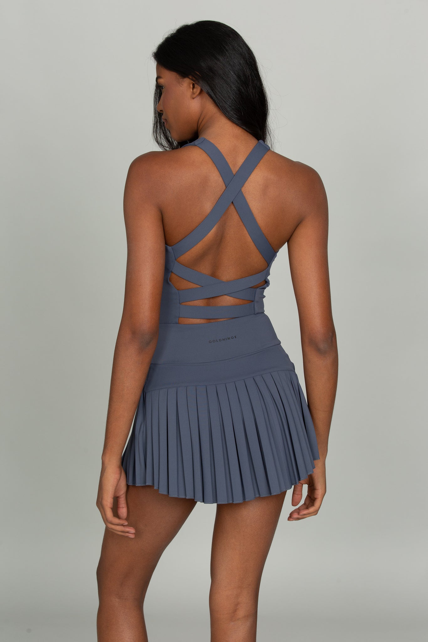 Navy Criss Cross Back Pleated Tennis Dress Gold Hinge Navy Criss Cross Back Pleated Tennis Dress Gold Hinge