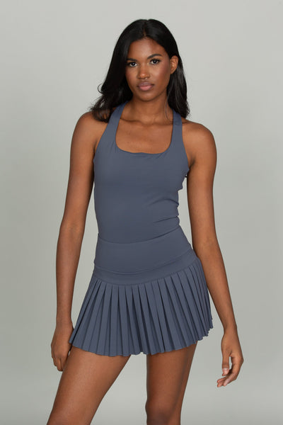 Navy Criss Cross Back Pleated Tennis Dress  Gold Hinge