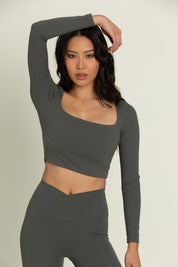 Dull Pine Square Neck Long Sleeve Top