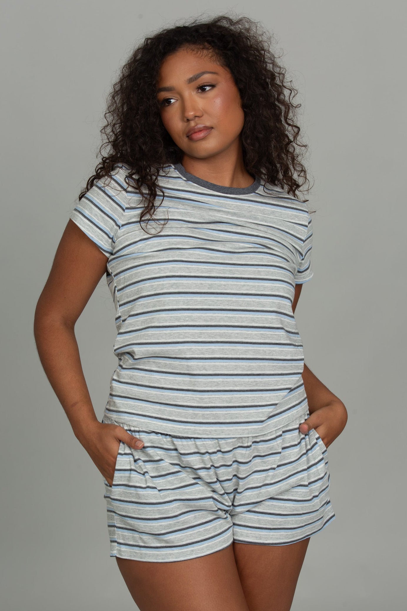 Medium Heather Grey Cotton Striped Short