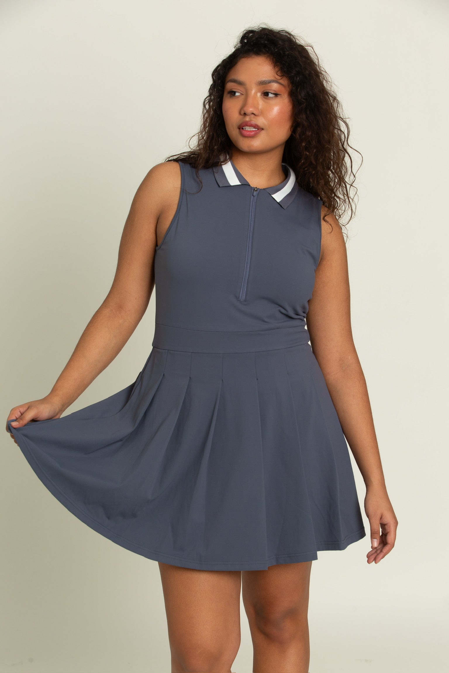 Navy Pleated Lined Collar Tennis Dress