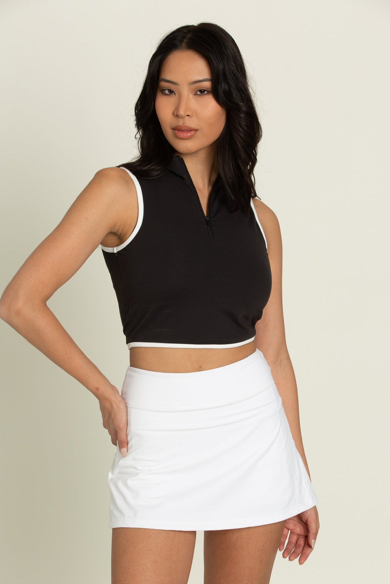 Black White Lined Half-Zip Crop Top