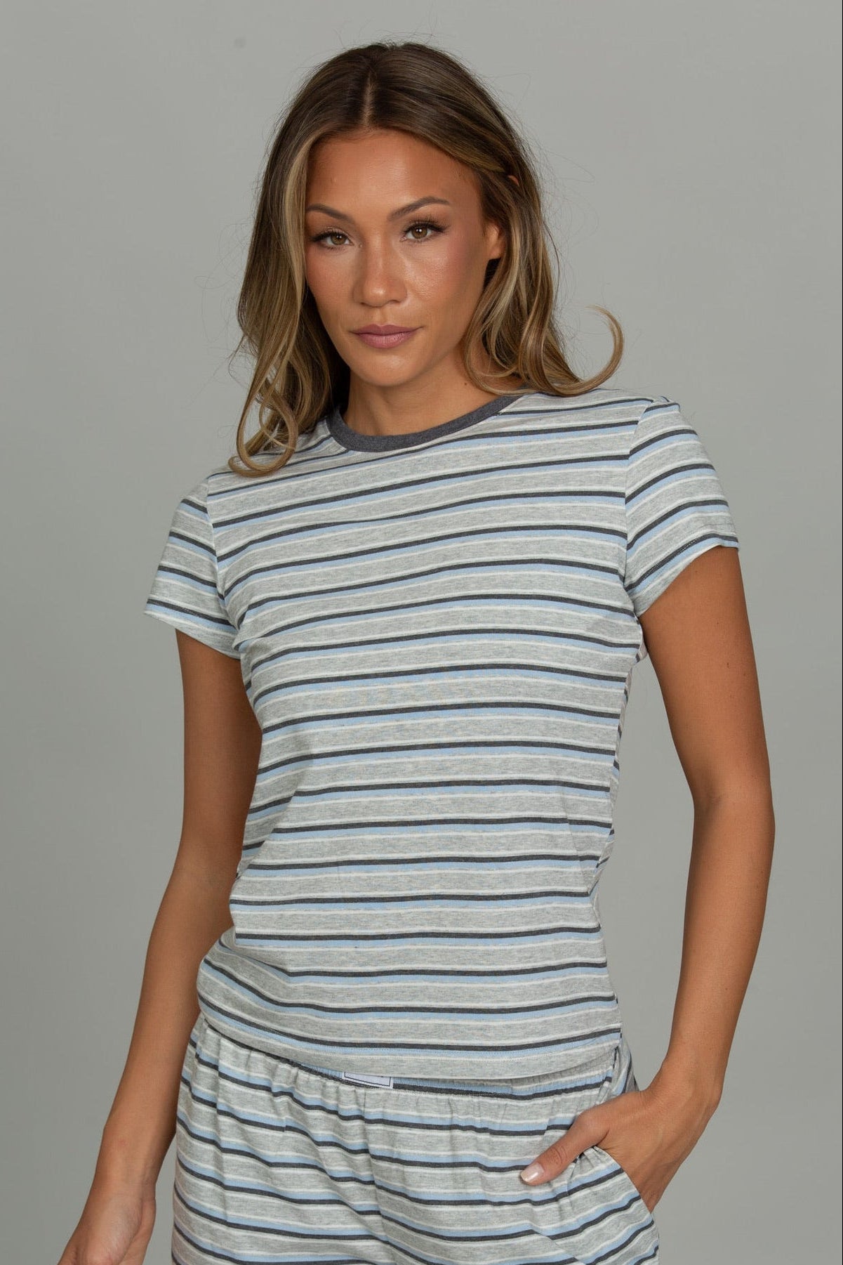 Medium Heather Grey Cotton Striped Tee