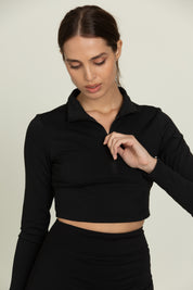Black Athletic Half-Zip Crop Top