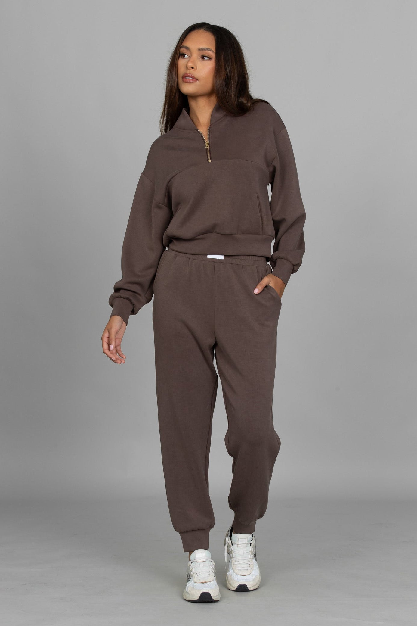 Mocha LuxeSoft Lounge Quarter Zip – Gold Hinge