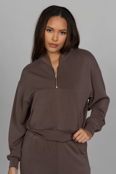 Mocha LuxeSoft Lounge Quarter Zip – Gold Hinge