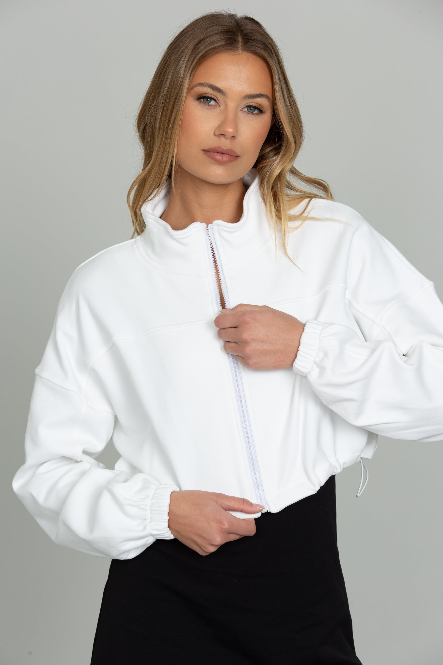 White Cinched Zip-Up Jacket – Gold Hinge