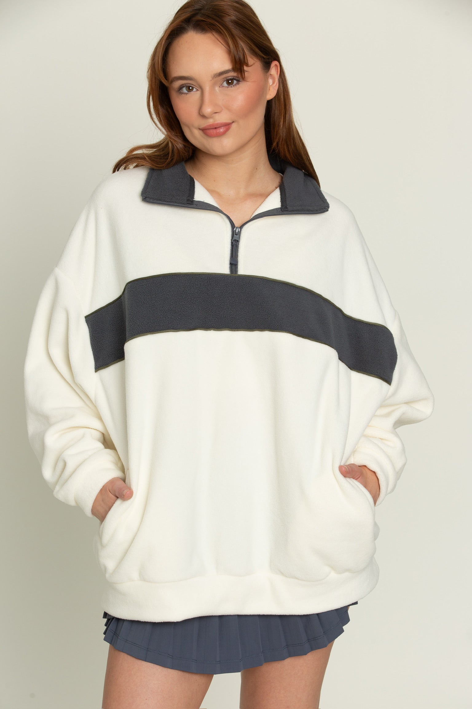 Cream Navy Half-Zip Pullover