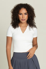 White Preppy V-Neck Polo Top