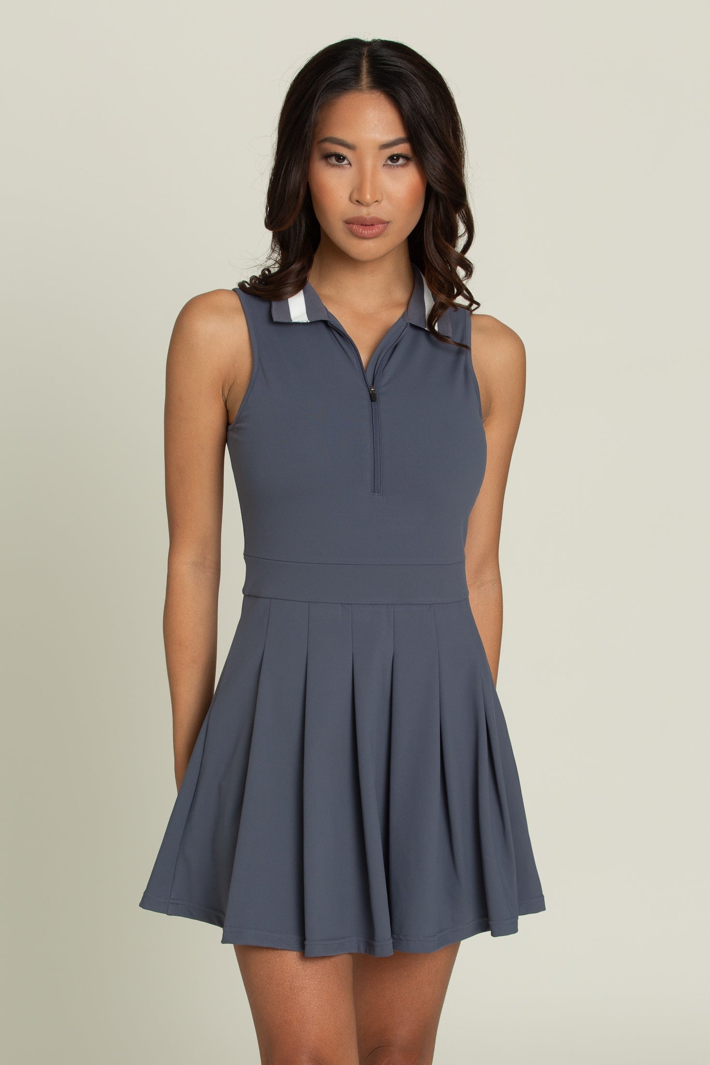 Navy Pleated Lined Collar Tennis Dress