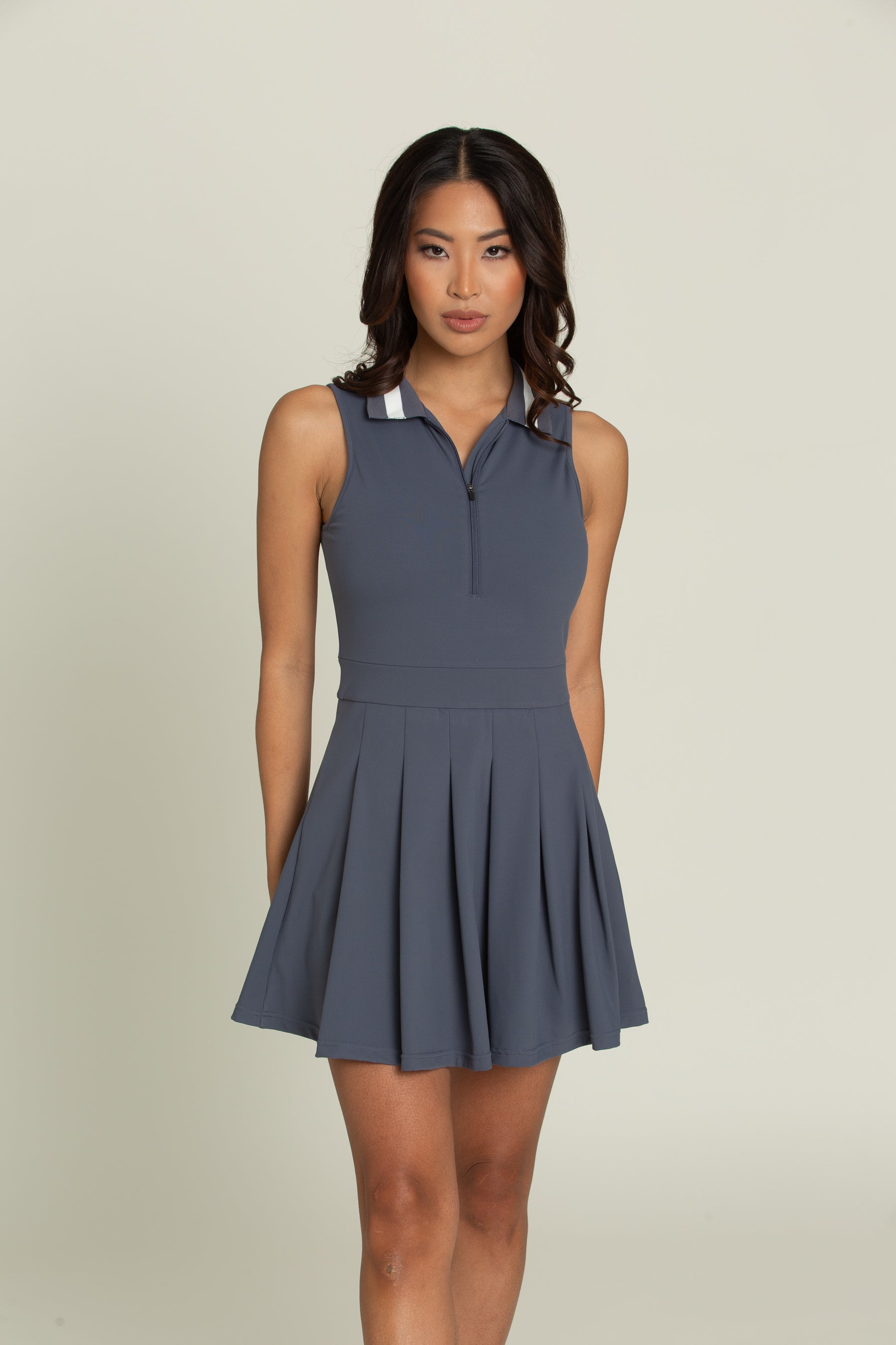 Navy Pleated Lined Collar Tennis Dress