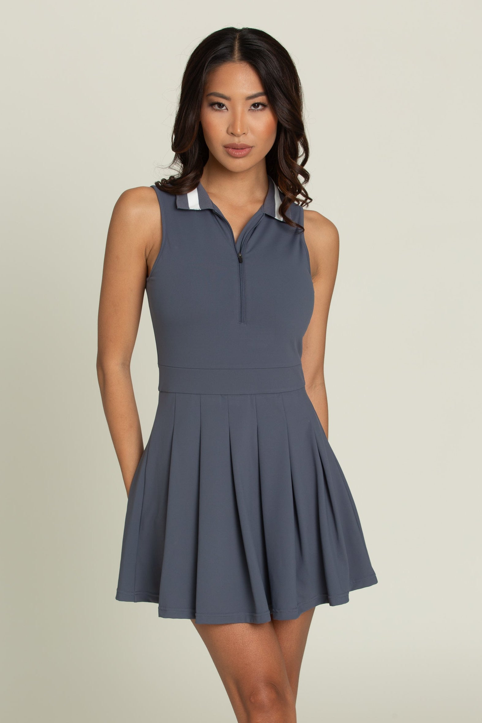 Navy Pleated Lined Collar Tennis Dress