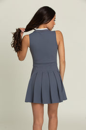 Navy Pleated Lined Collar Tennis Dress