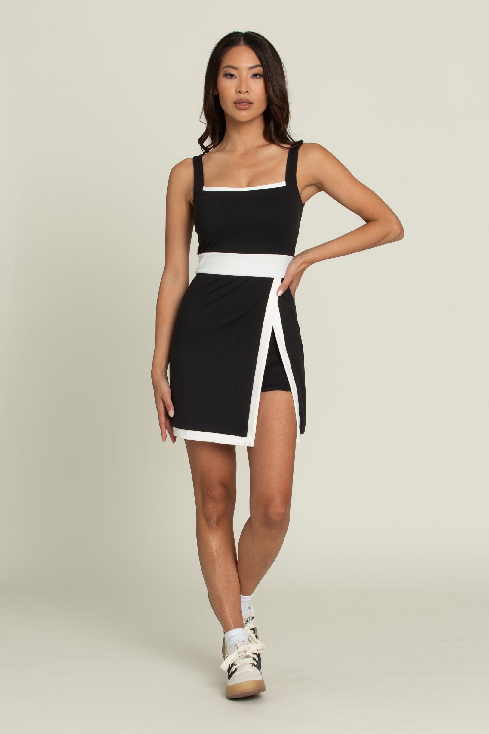 Black White Lined Active Dress