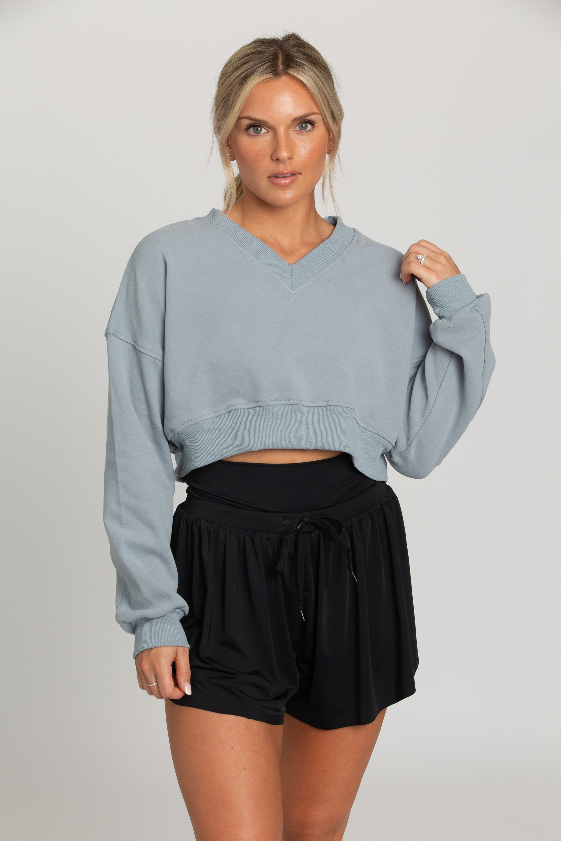 Hazy Blue V-Neck Crop Pullover