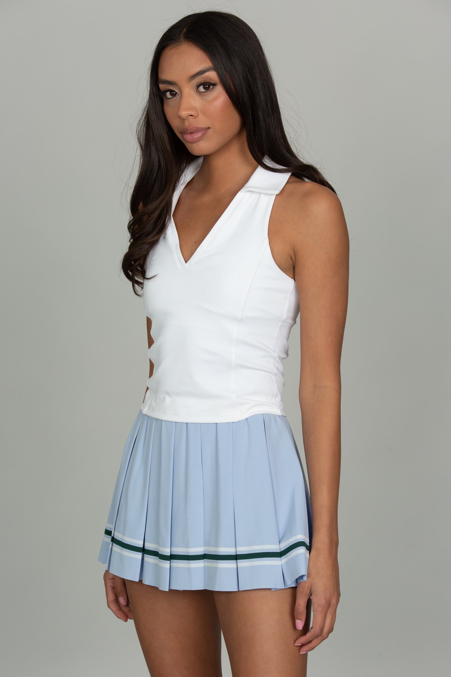 Powder Blue Striped Mini Pleated Skirt
