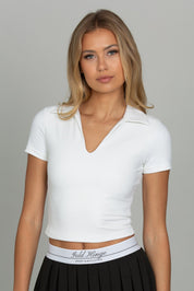 White Preppy V-Neck Polo Top