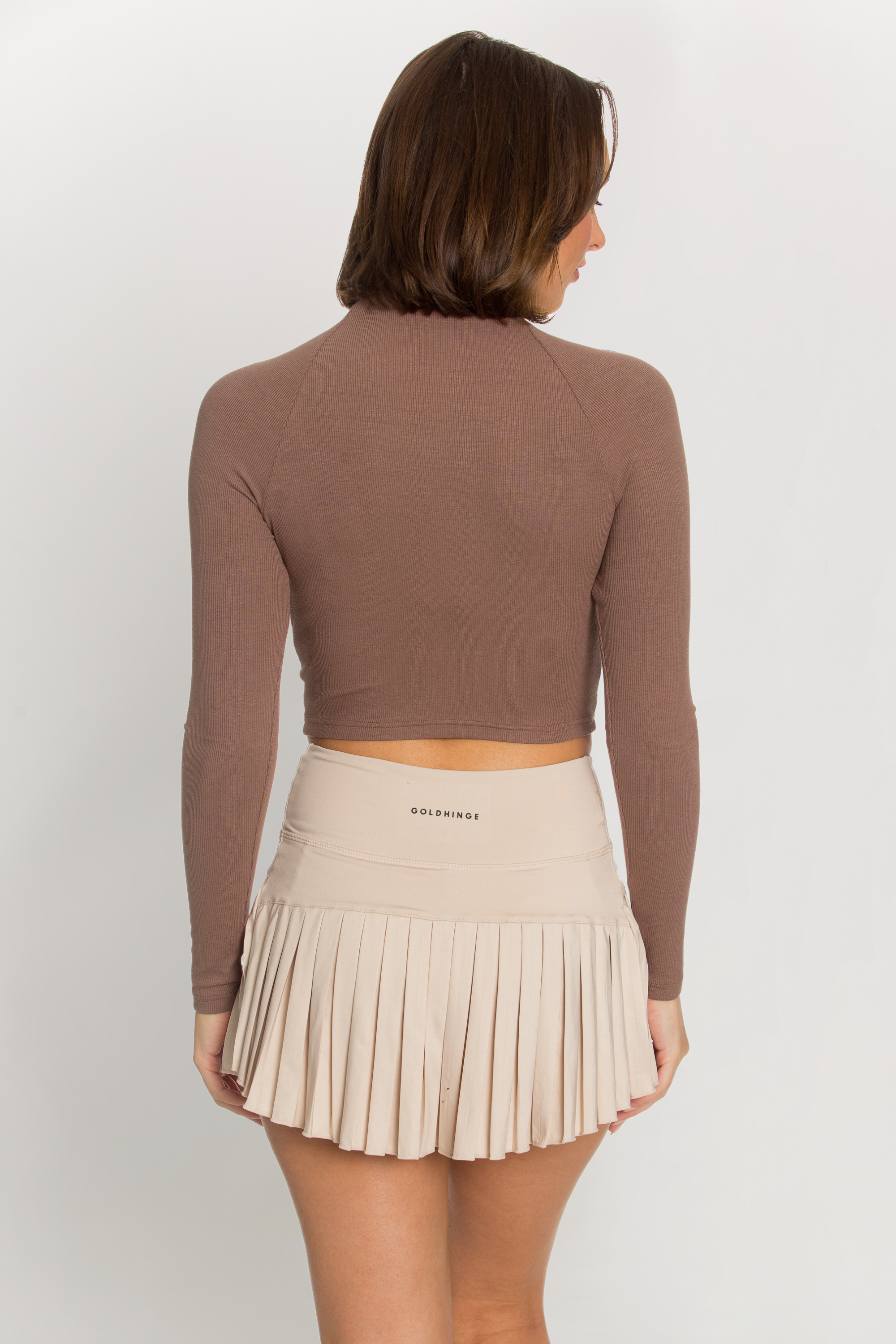 Mocha Ribbed Zip Up Long Sleeve Top Gold Hinge