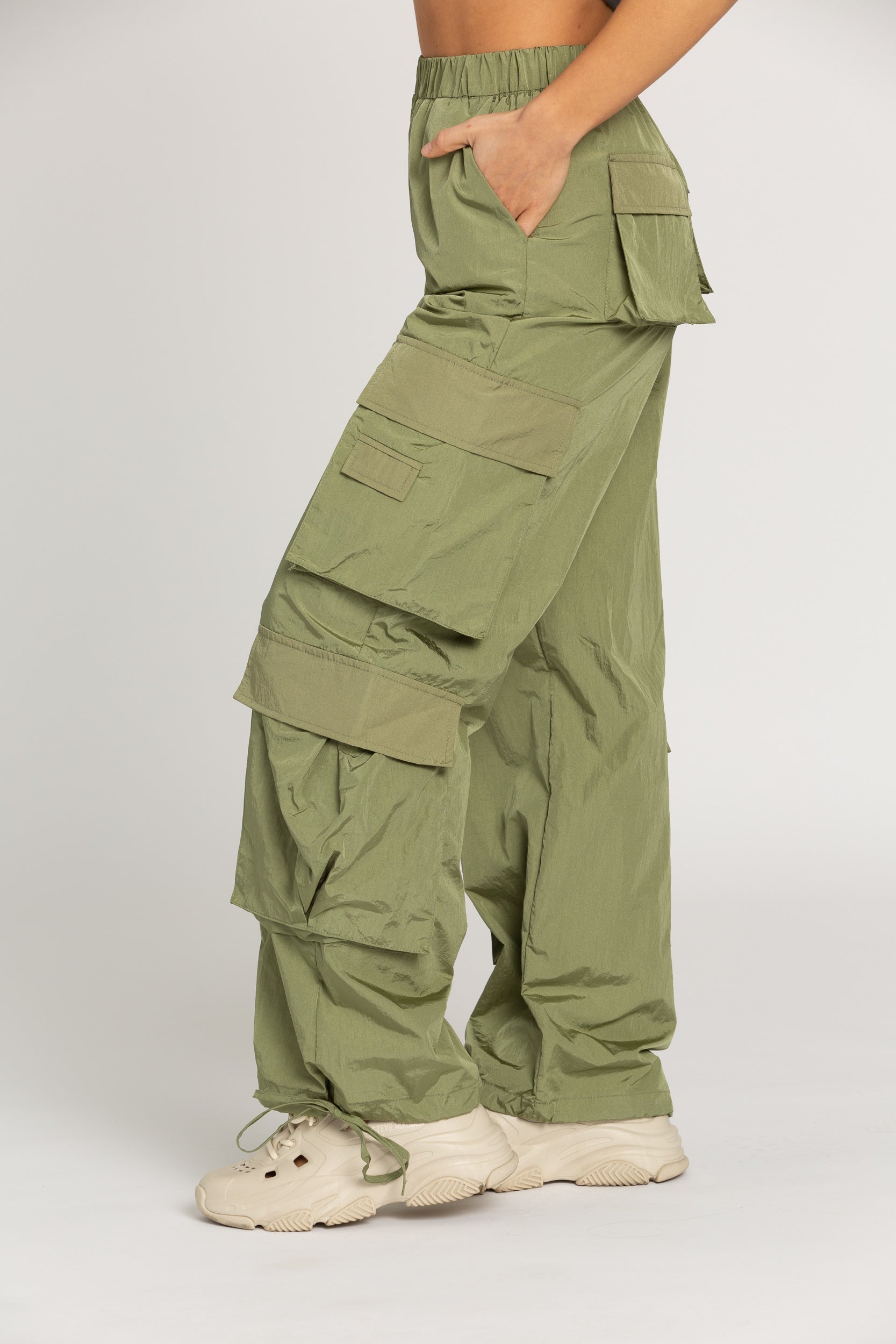 Shiny Olive Green Parachute Pants
