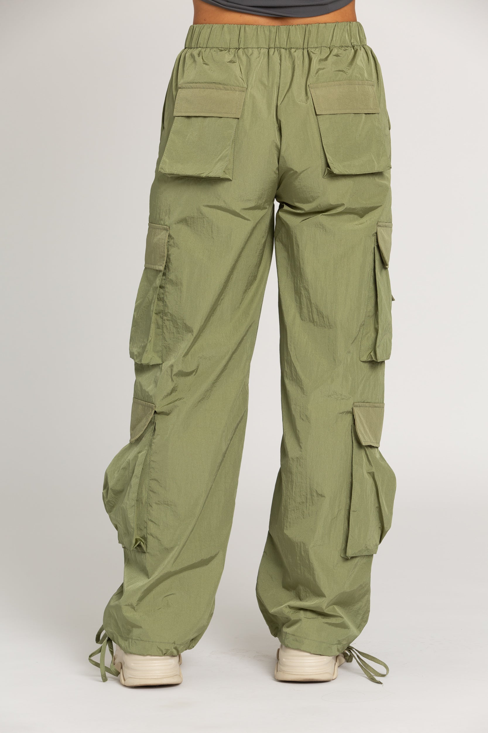 Shiny Olive Green Parachute Pants