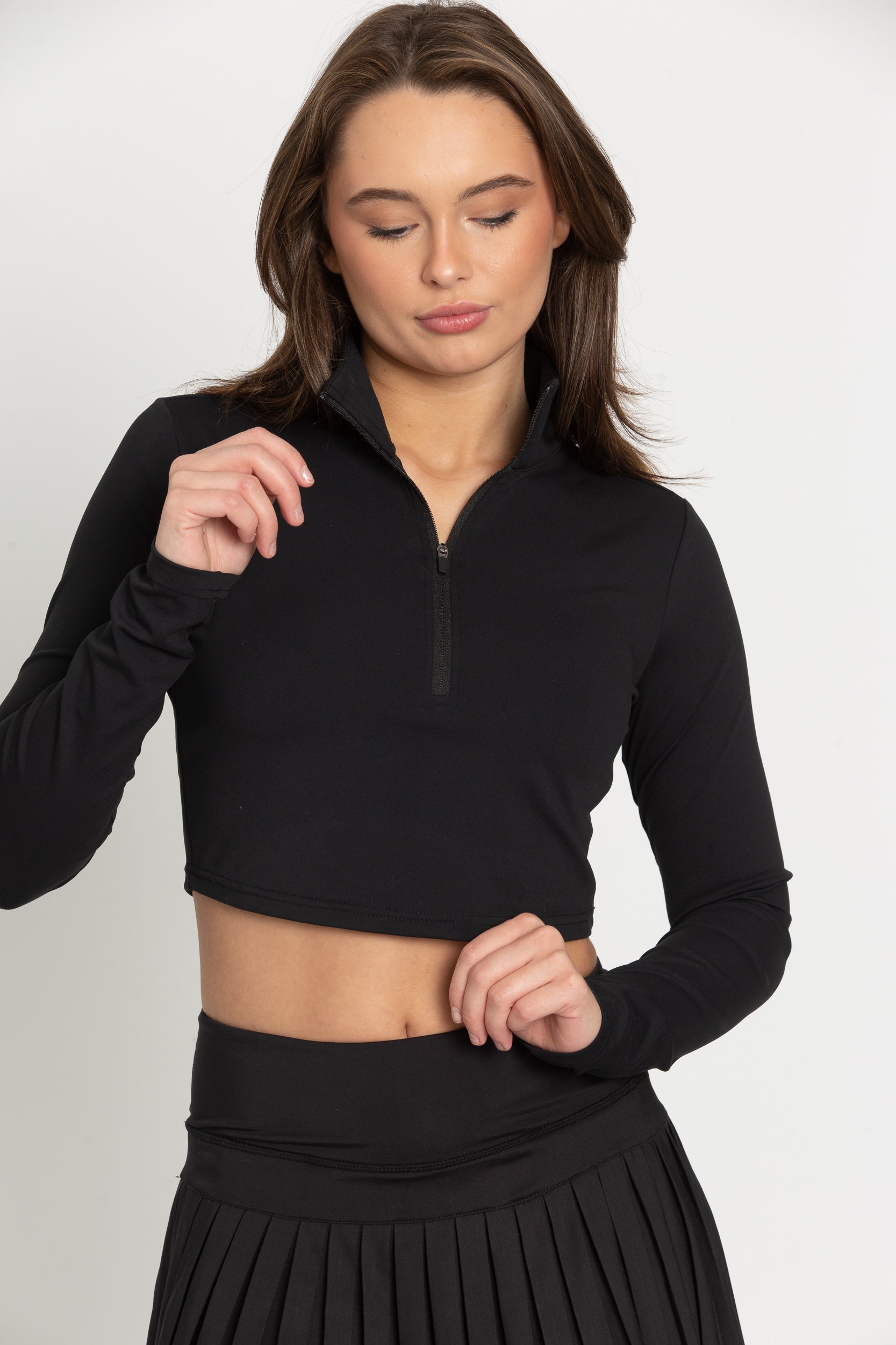 Black Athletic Half-Zip Crop Top