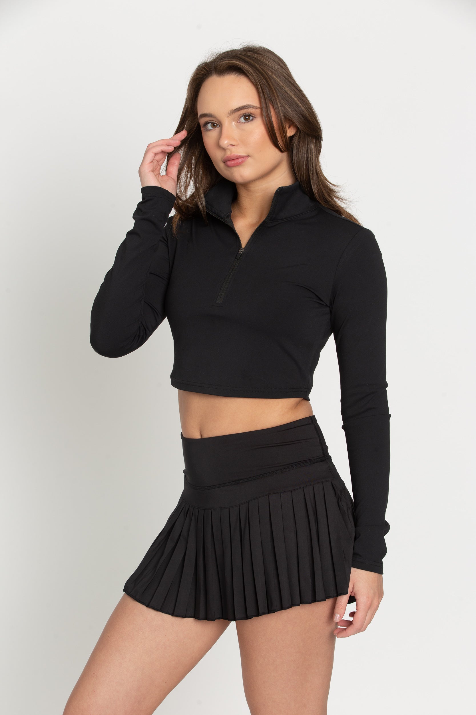 Black Athletic Half-Zip Crop Top